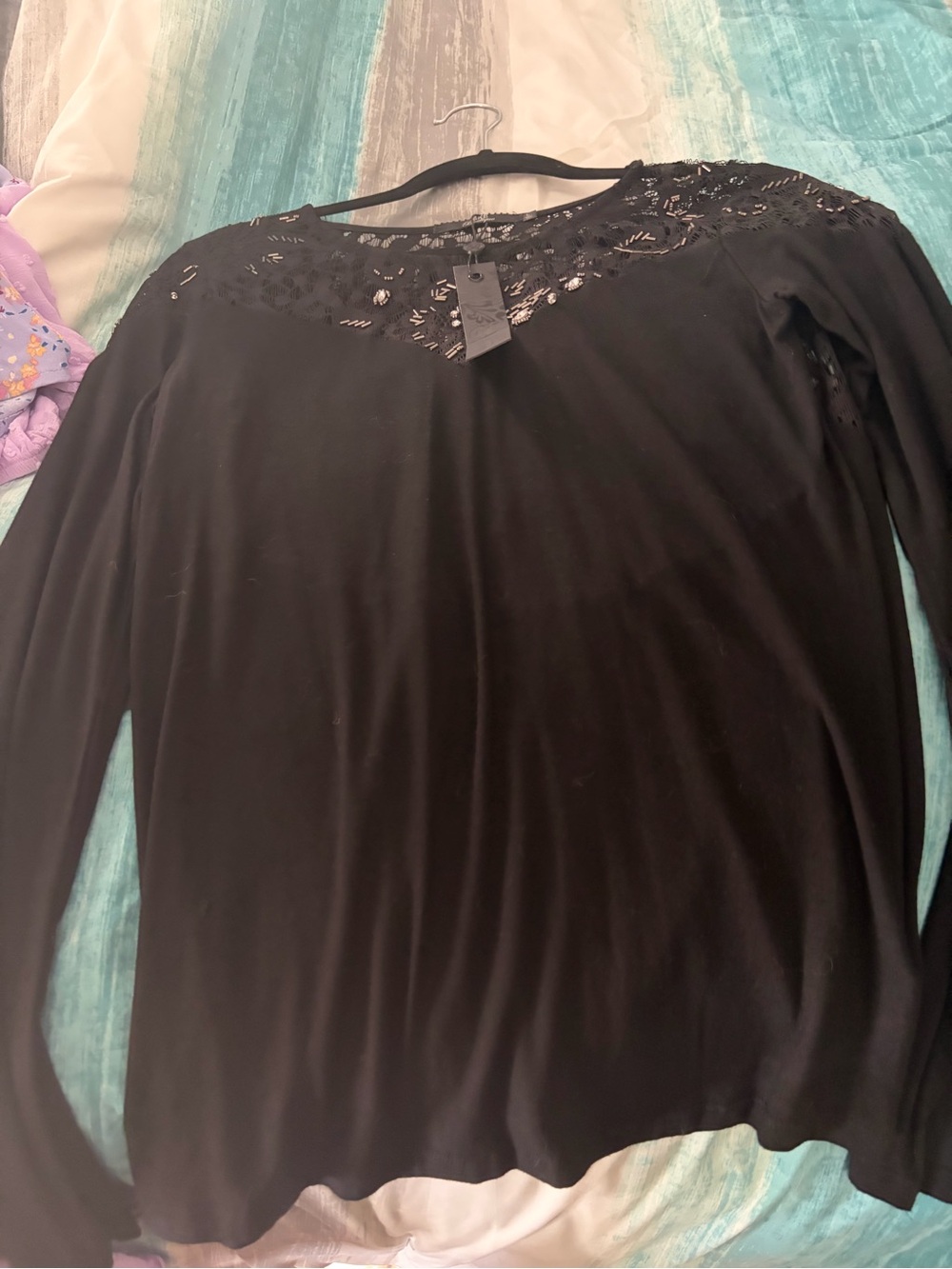 Buckle Black Long Sleeve Lace Yoke Blouse - Women